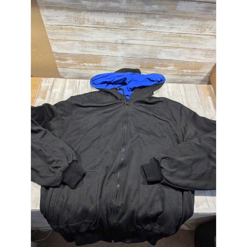 Outrageous Sports Reversible Bomber Jacket XL Black Blue Windbreaker Hooded